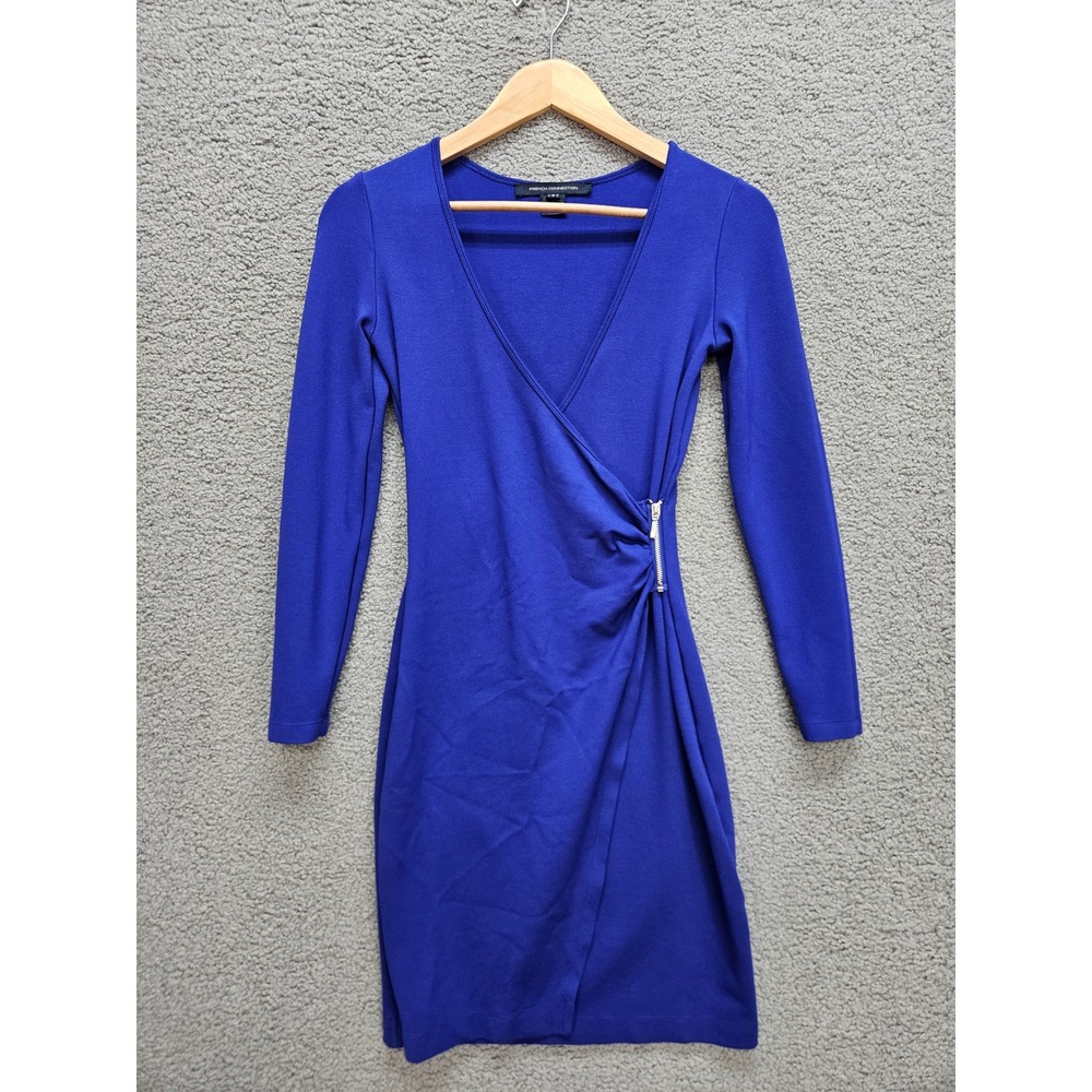 French Connection Faux Wrap Dress 2 Royal Blue Bodycon Long Sleeve V-Neck Zip